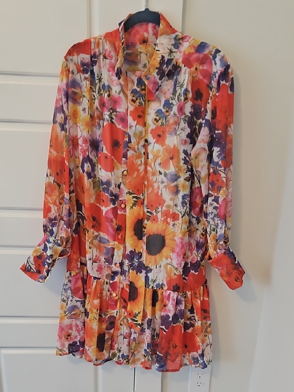 Chicwish Red Orange Purple Floral Button-Front Long Sleeve Dress